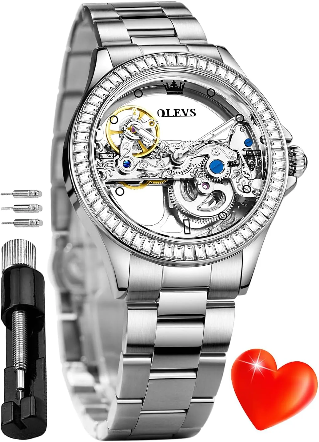 Watch for Women Love Heart Date OLEVS Automatic Watch for Women consent pile lethargic behaviorist Self Winding Ladies Diamond Wrist Watch Luxury Dress Rose Gold Ceramic 