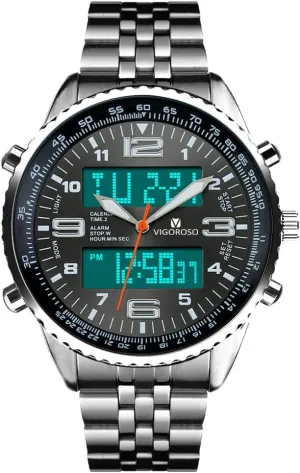 Watch Men Date Week Sports All stiff feed Black Steel Mens Watch for Men VIGOROSO Men's LED Analog Digital 