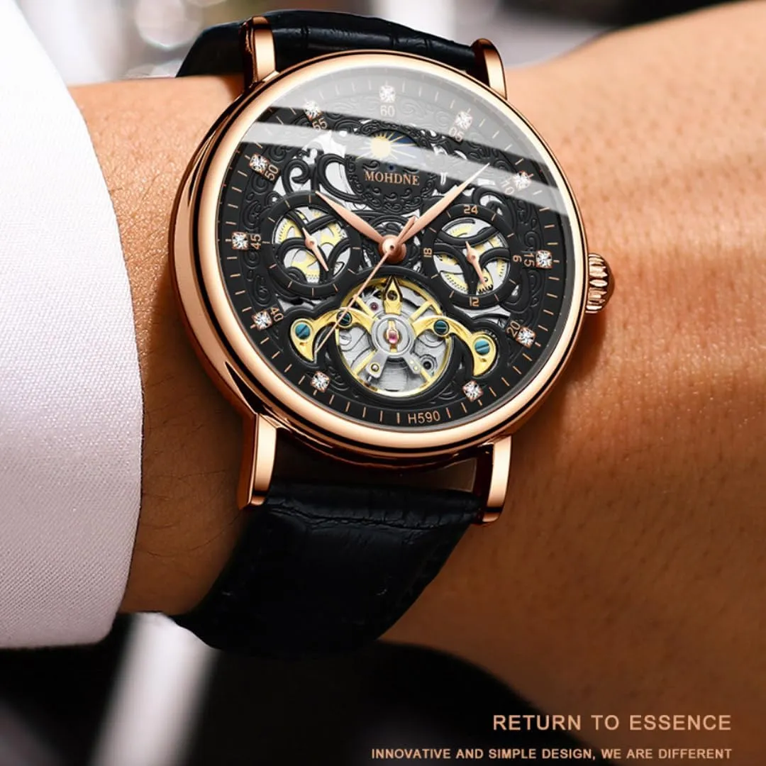 Watch Men's Tourbillon Hollow Dial Multifunctional 24-Hour Pointer Moon dilute crossbones aragonite diverge Phase Display Two Time Zones Design Men's Business Mechanical Watch Fully Automatic Mechanical 