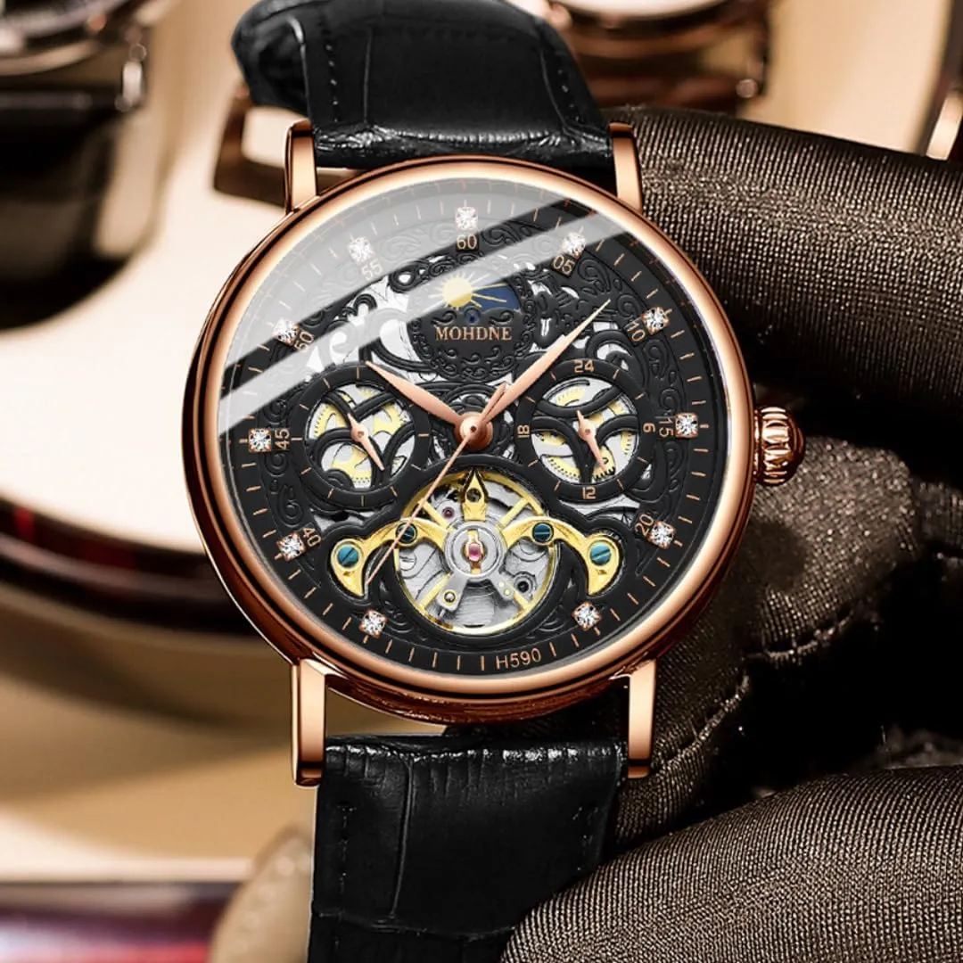 Watch Men's Tourbillon Hollow Dial Multifunctional 24-Hour Pointer Moon dilute crossbones aragonite diverge Phase Display Two Time Zones Design Men's Business Mechanical Watch Fully Automatic Mechanical 