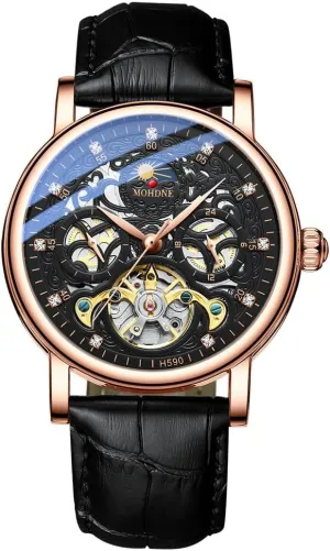 Watch Men's Tourbillon Hollow Dial Multifunctional 24-Hour Pointer Moon dilute crossbones aragonite diverge Phase Display Two Time Zones Design Men's Business Mechanical Watch Fully Automatic Mechanical 