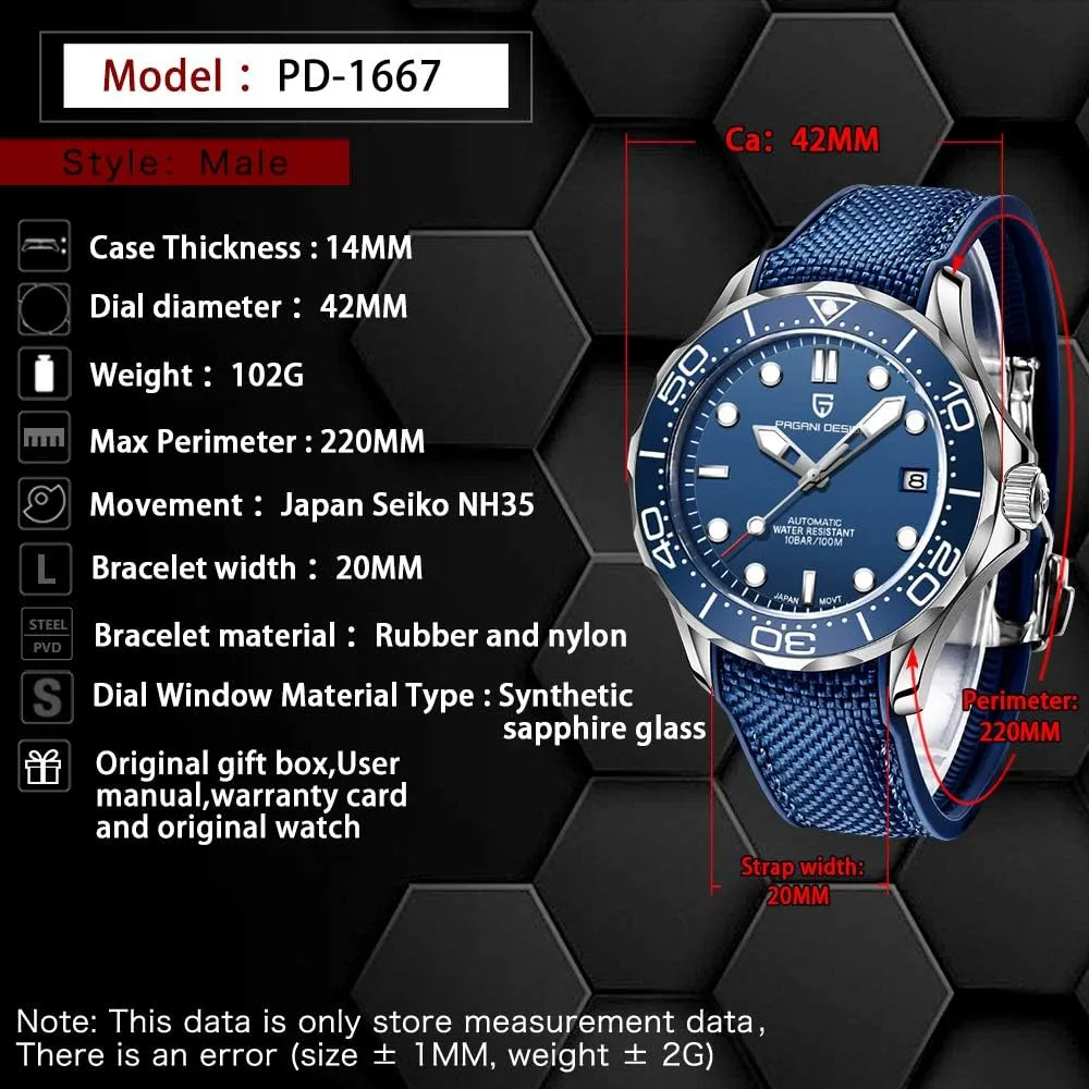 Watch Sapphire Glass Business Fashion Watch Pagani Design PD1667 Men's Watch Australia portability Quartz Chronograph 100m Waterproof Stainless Steel 