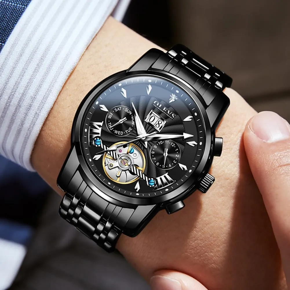Watch Self Winding Skeleton depress reckon Mechanical Tourbillon Classic Luxury Multi Calendar Stainless Steel Waterproof Wrist Watch for Men OLEVS Men Automatic 