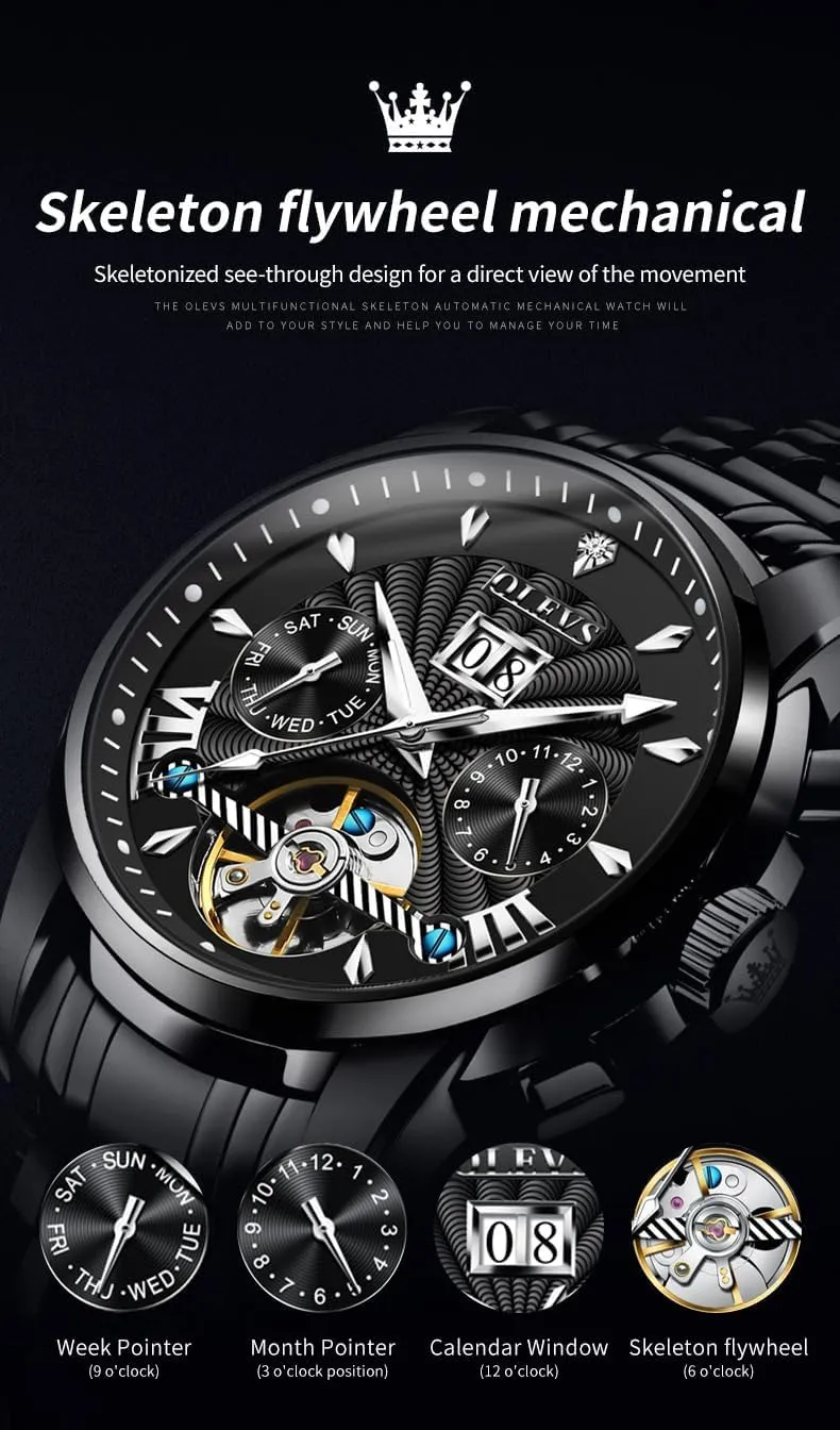 Watch Self Winding Skeleton depress reckon Mechanical Tourbillon Classic Luxury Multi Calendar Stainless Steel Waterproof Wrist Watch for Men OLEVS Men Automatic 