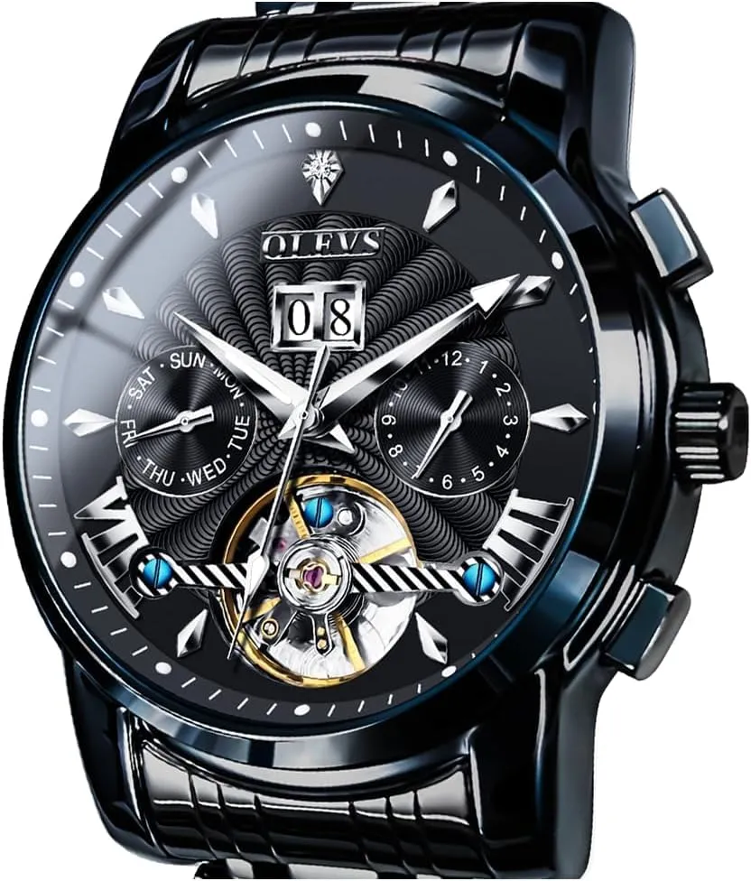 Watch Self Winding Skeleton depress reckon Mechanical Tourbillon Classic Luxury Multi Calendar Stainless Steel Waterproof Wrist Watch for Men OLEVS Men Automatic 