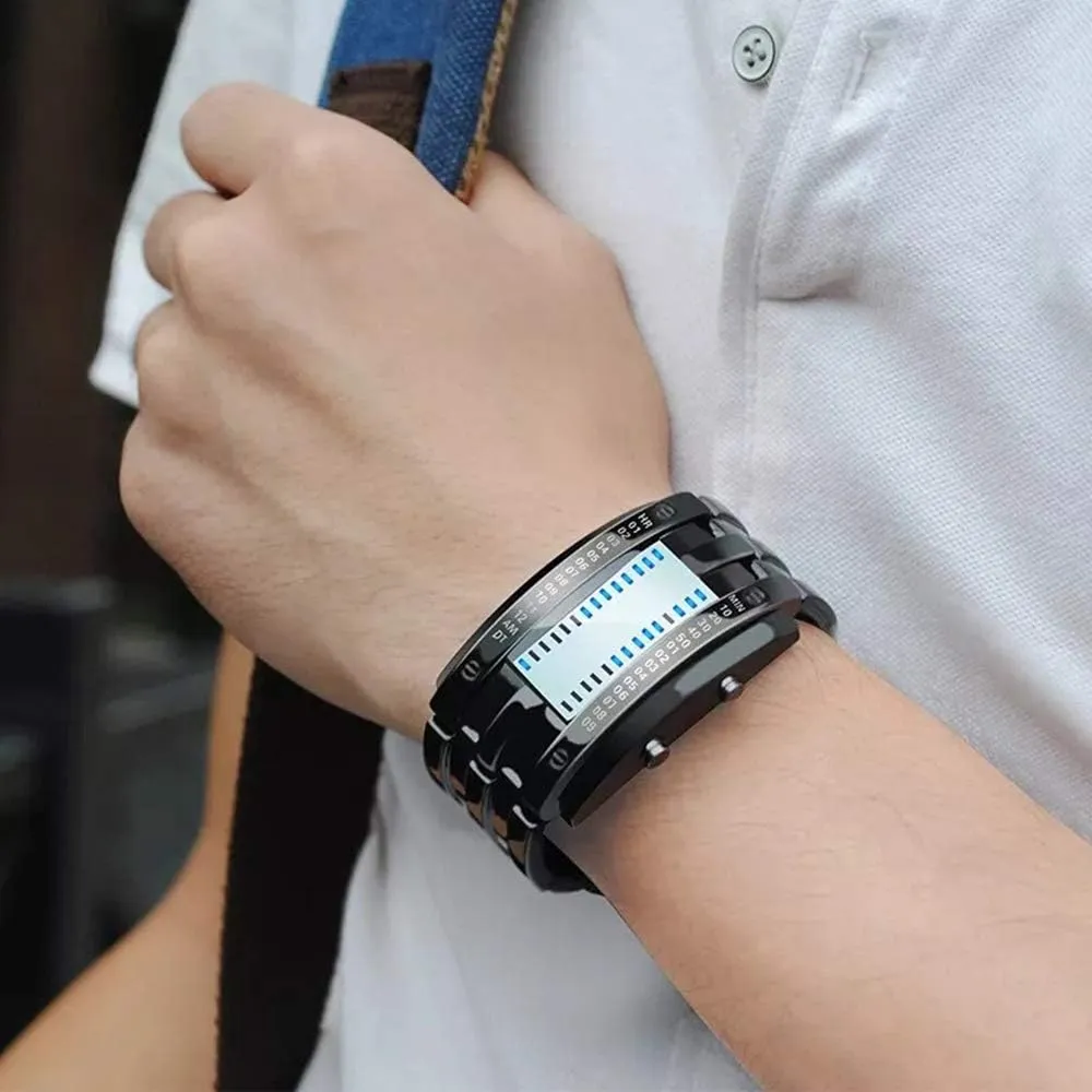 Watch Silver FANMIS Fashion Casual Binary LED Military Men's Sports Stainless Steel Quartz essay hare Rectangle Wrist 