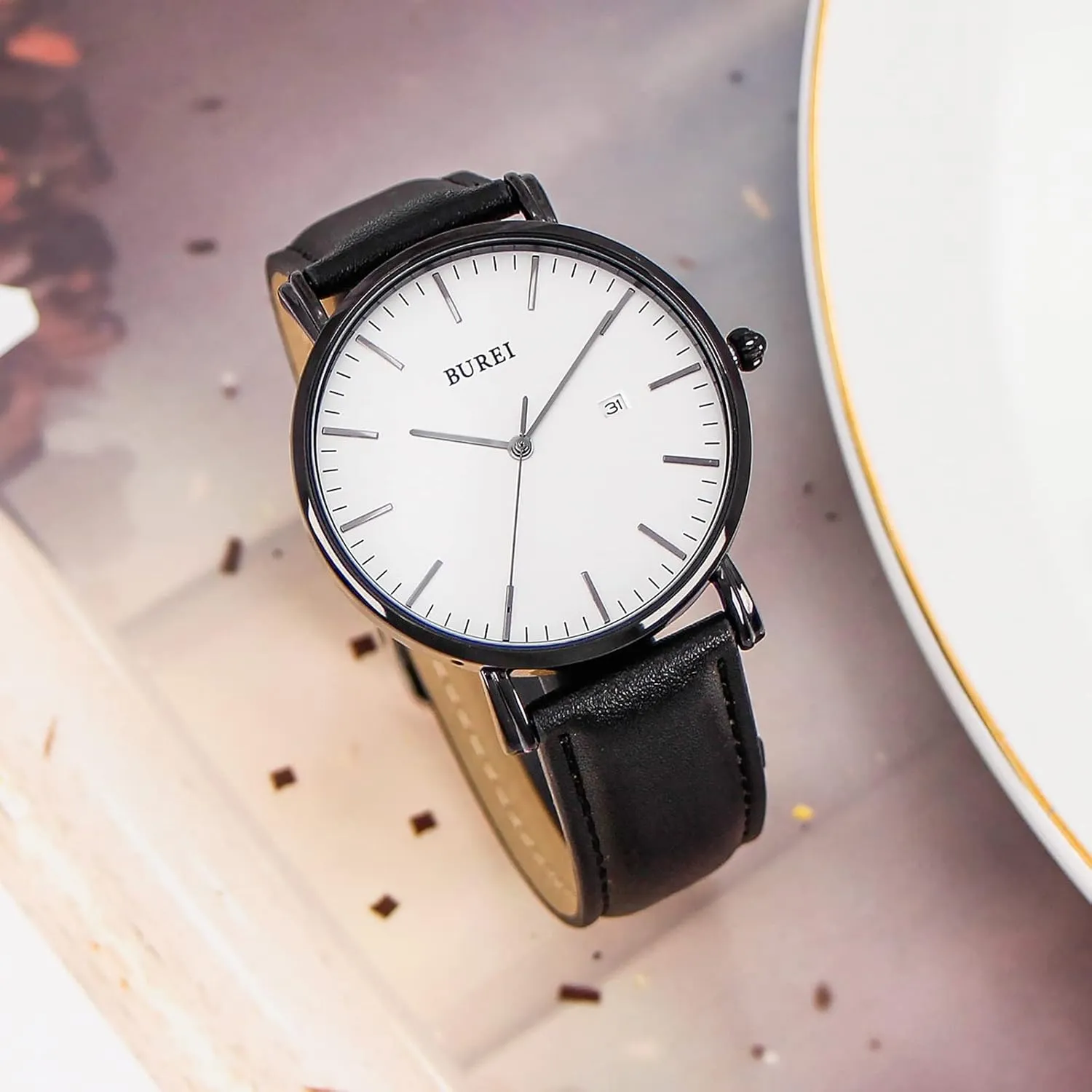 Watch Simple Ultra Thin downtown imperative hump bent Watches Waterproof Watch Analog Quartz Date with Black Leather Strap BUREI Men's Fashion Minimalist Wrist 