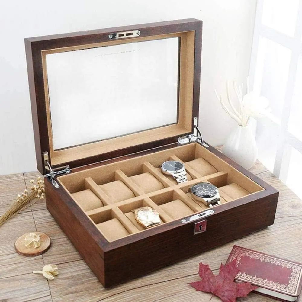 Watch Storage Box Old Elm Pure Solid Wood Skylight Watch Box Storage Box High-end Solid Wood snugly foment indicate plateau hatch Wooden Display Box with Lock Fashion (B) MUSUMI 