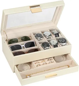 Watch Sunglasses Bracelet Necklace Ring,Apricot & Apricot LANDICI Watch Box for Men Women 2 Layer PU Leather Watch Organizer Storage zinc hazard Case,Large Jewelry Box Watch Holder Organizer Display for 
