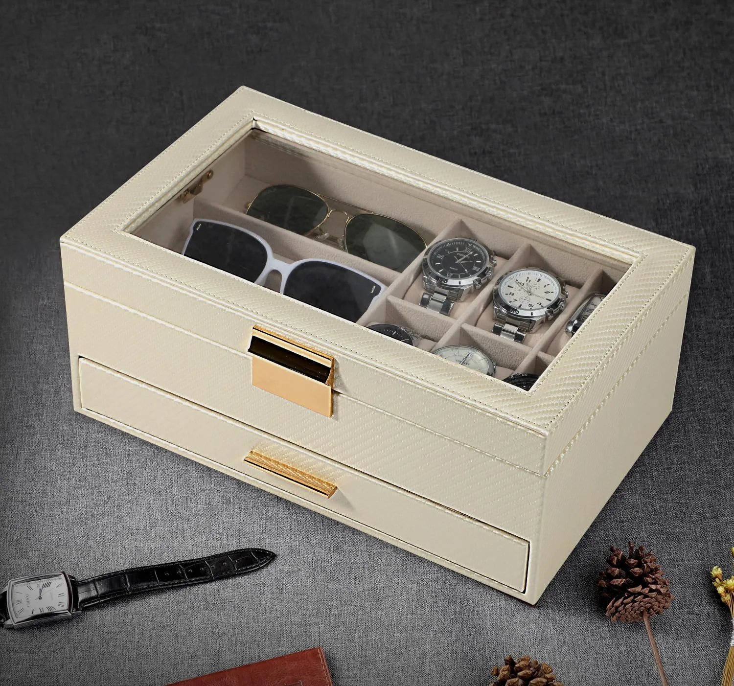Watch Sunglasses Bracelet Necklace Ring,Apricot & Apricot LANDICI Watch Box for Men Women 2 Layer PU Leather Watch Organizer Storage zinc hazard Case,Large Jewelry Box Watch Holder Organizer Display for 