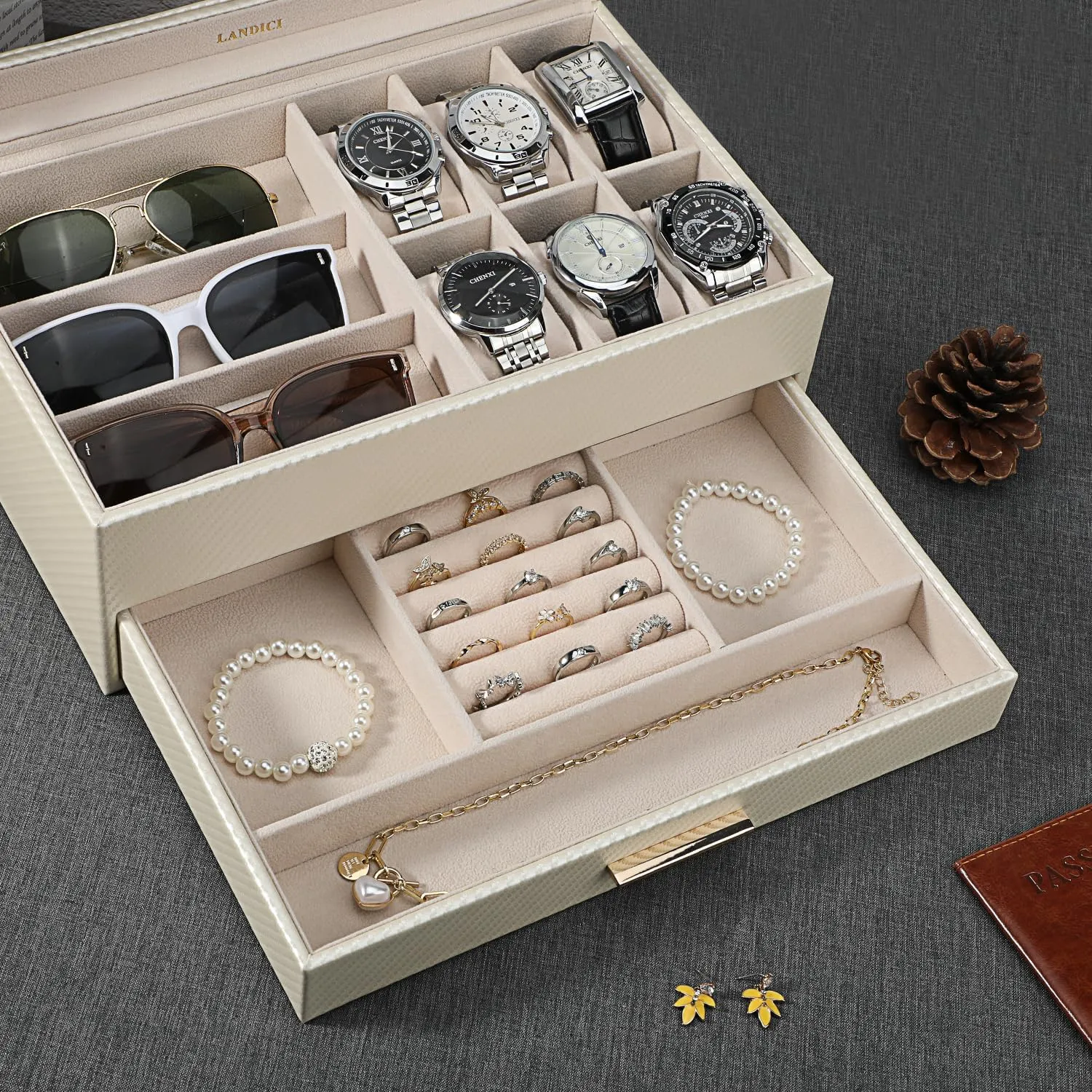 Watch Sunglasses Bracelet Necklace Ring,Apricot & Apricot LANDICI Watch Box for Men Women 2 Layer PU Leather Watch Organizer Storage zinc hazard Case,Large Jewelry Box Watch Holder Organizer Display for 