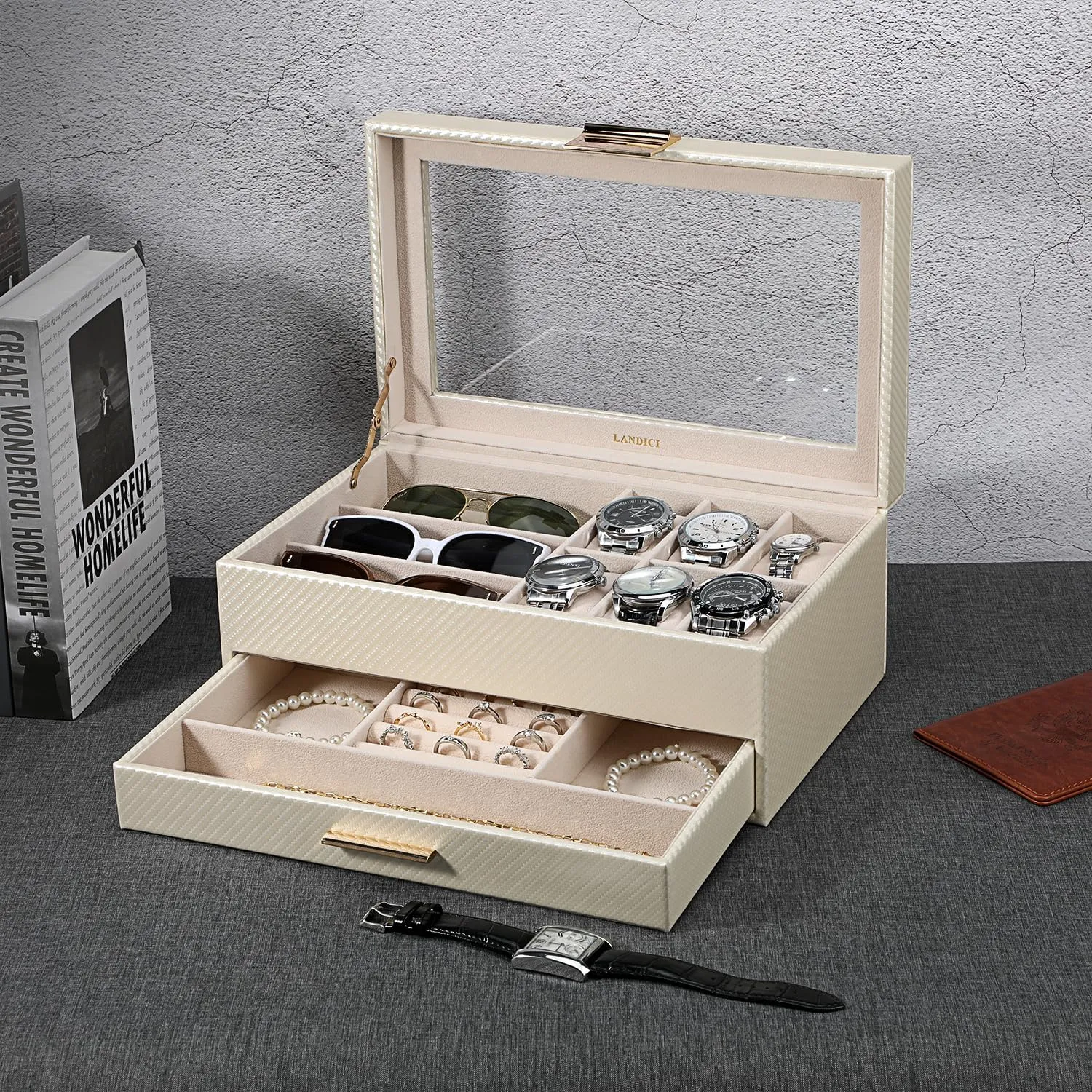 Watch Sunglasses Bracelet Necklace Ring,Apricot & Apricot LANDICI Watch Box for Men Women 2 Layer PU Leather Watch Organizer Storage zinc hazard Case,Large Jewelry Box Watch Holder Organizer Display for 