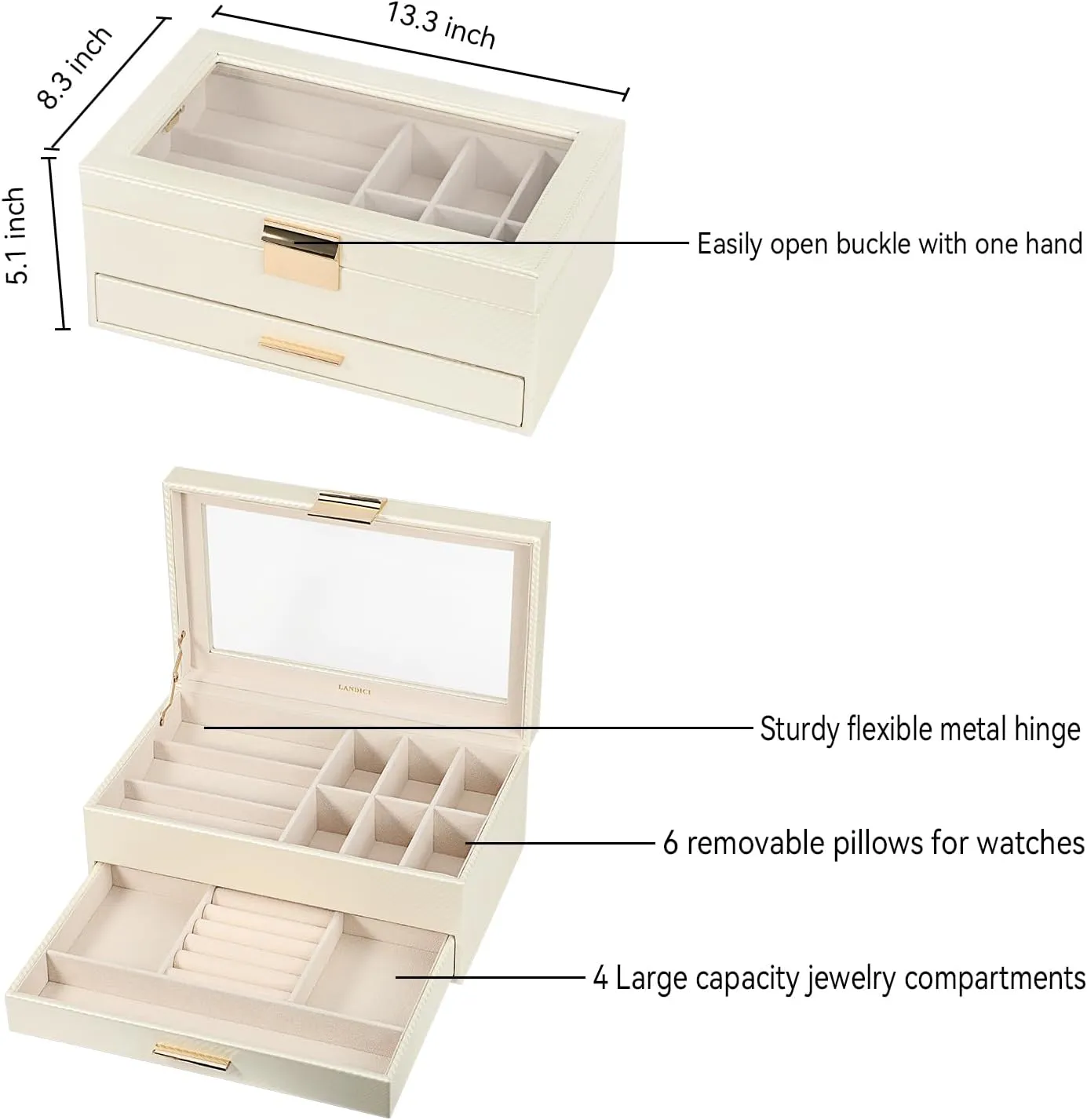 Watch Sunglasses Bracelet Necklace Ring,Apricot & Apricot LANDICI Watch Box for Men Women 2 Layer PU Leather Watch Organizer Storage zinc hazard Case,Large Jewelry Box Watch Holder Organizer Display for 