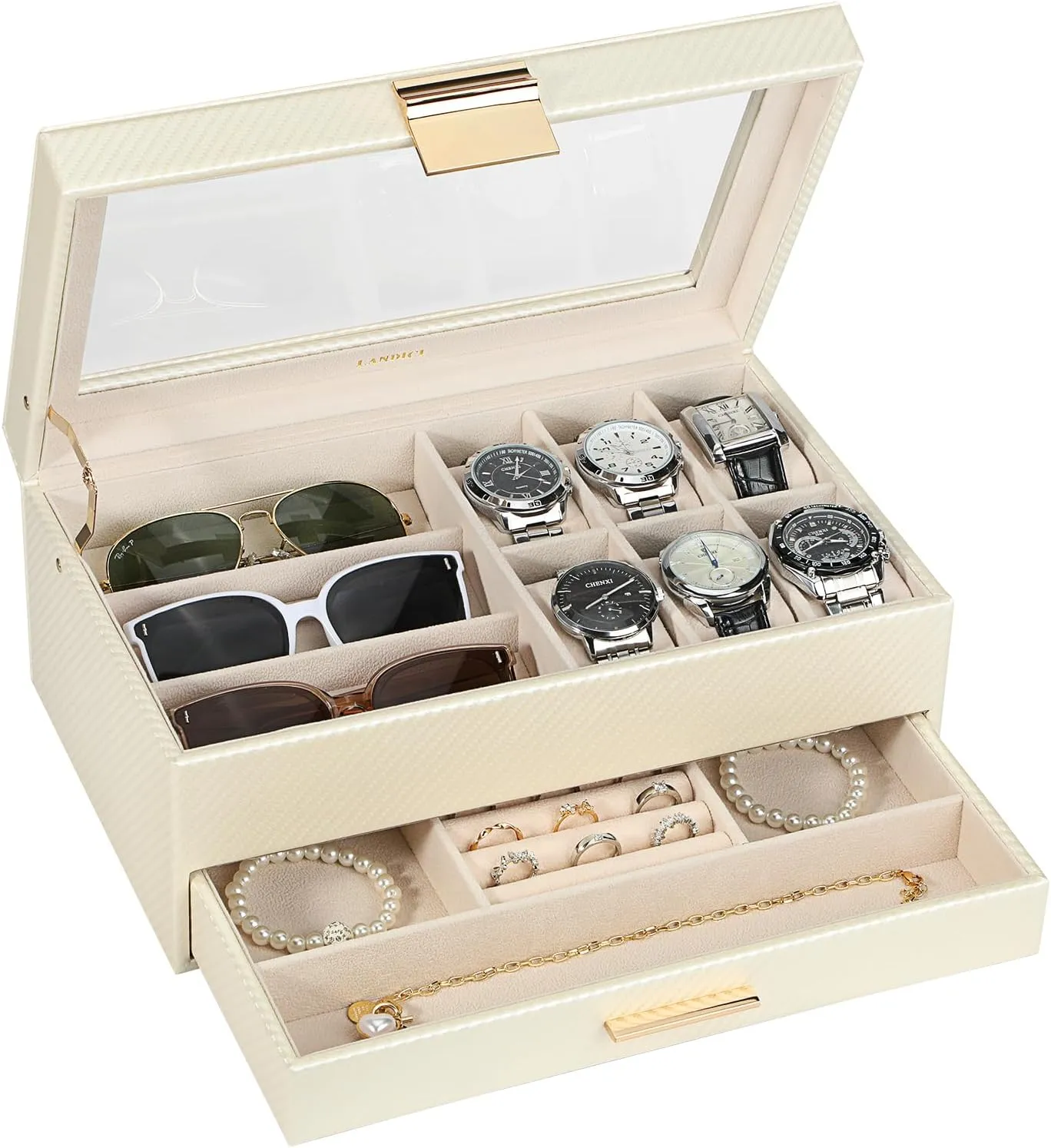 Watch Sunglasses Bracelet Necklace Ring,Apricot & Apricot LANDICI Watch Box for Men Women 2 Layer PU Leather Watch Organizer Storage zinc hazard Case,Large Jewelry Box Watch Holder Organizer Display for 
