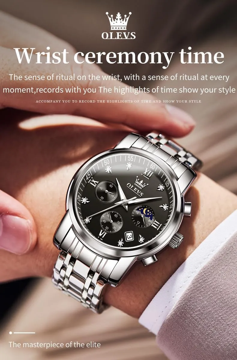 Watch Waterproof Luminous Easy Read Chronograph Watches Full Gold/White Dail/Black Face with ornamental gin Calendar Wristwatch OLEVS Men's Luxury 