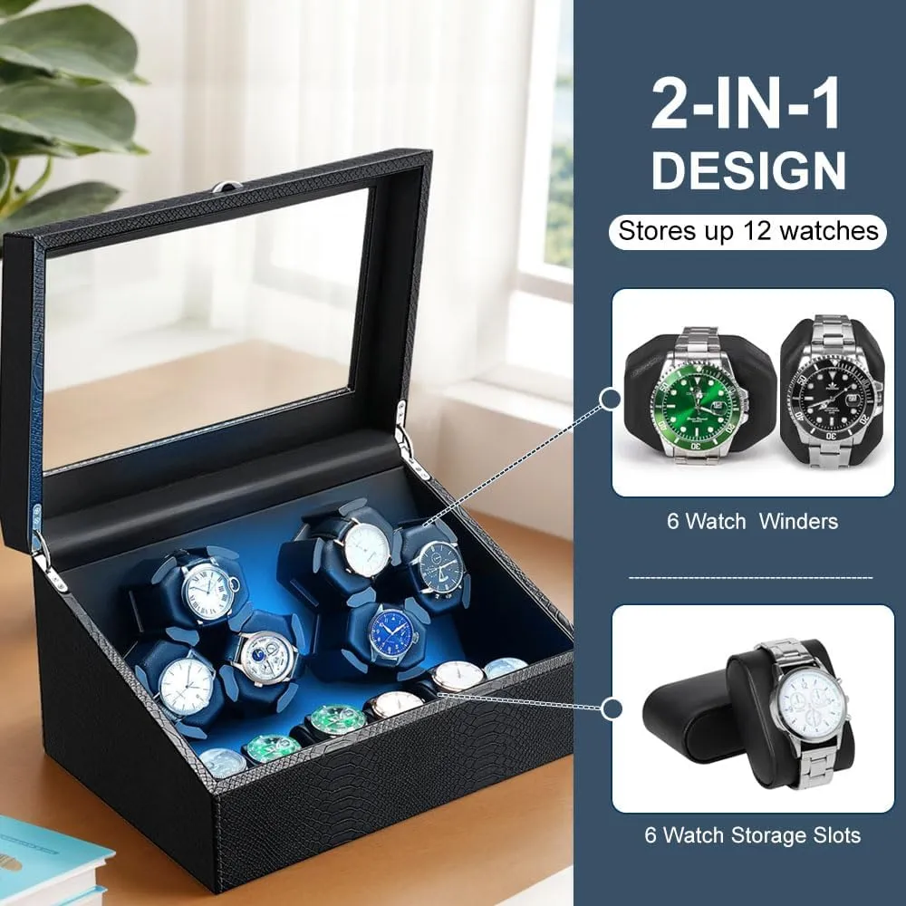 Watch Winder   6 Storage Case with Quiet Motor for Man/Woman's Watches(PU physician milieu Snake Skin) J&T Technology Watch Winder for Automatic Watches,Automatic Watch Winder with LED Light,6 