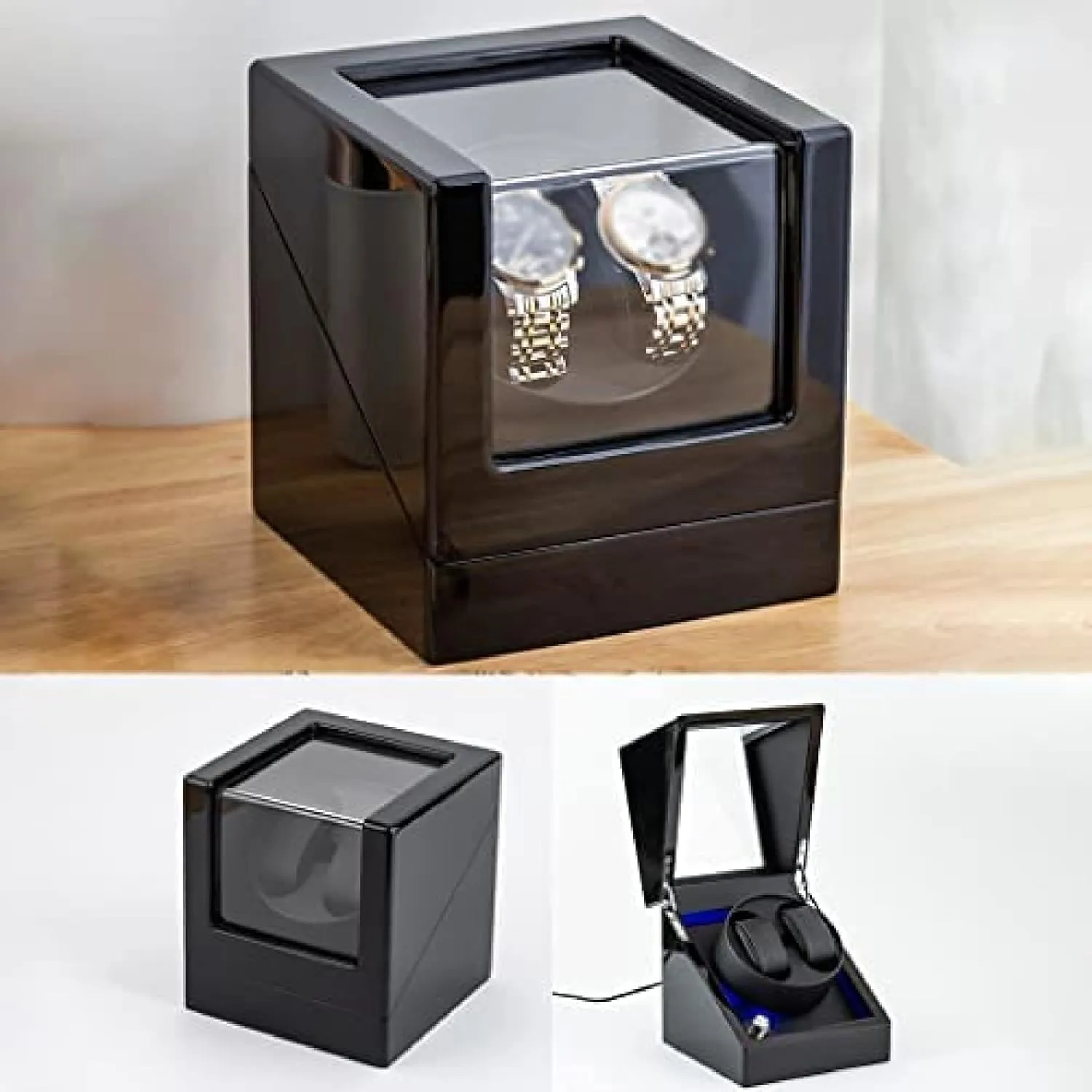 Watch Winder by Mechanical Watch Rotating Box - Wood Shell Piano Self Winding Watch Rotator latest with Quiet Motor - AC Adapter Included Double 