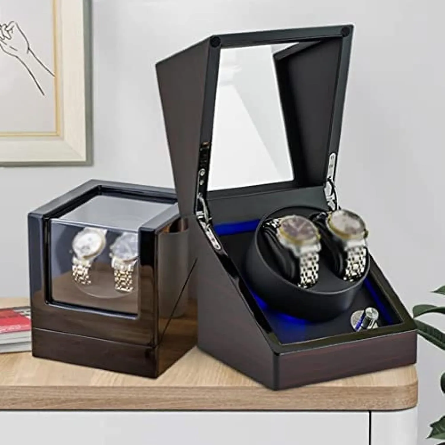 Watch Winder by Mechanical Watch Rotating Box - Wood Shell Piano Self Winding Watch Rotator latest with Quiet Motor - AC Adapter Included Double 