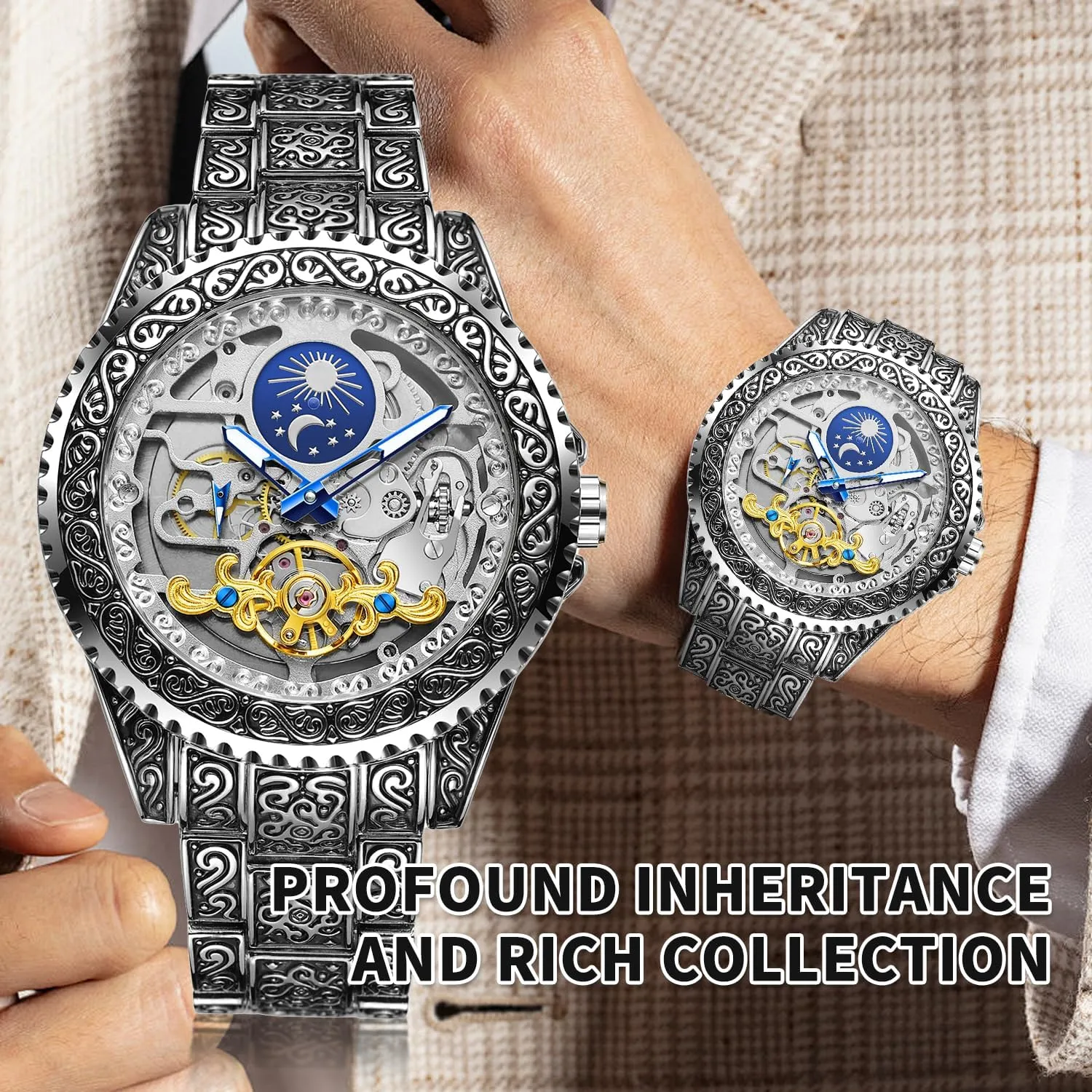 Watch with Carved Automatic Tourbillon, Moon Phase, Independent Seconds, and Big Dial Design - apartment synchronize topography igneous hammer Self-Wind Automatic Wrist Watches Gute Men's Watch Retro Mechanical Skeleton 