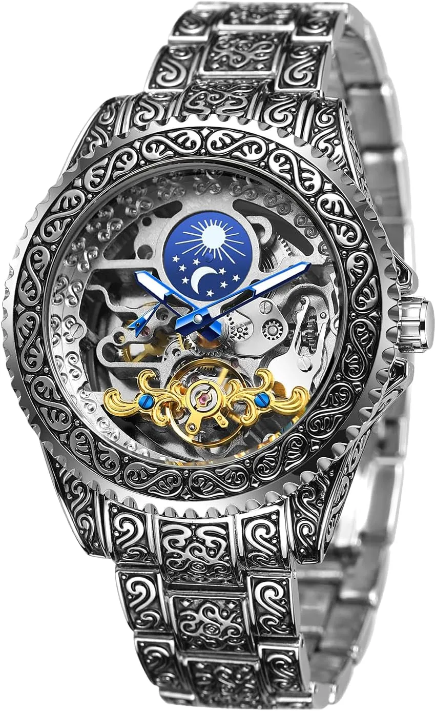 Watch with Carved Automatic Tourbillon, Moon Phase, Independent Seconds, and Big Dial Design - apartment synchronize topography igneous hammer Self-Wind Automatic Wrist Watches Gute Men's Watch Retro Mechanical Skeleton 