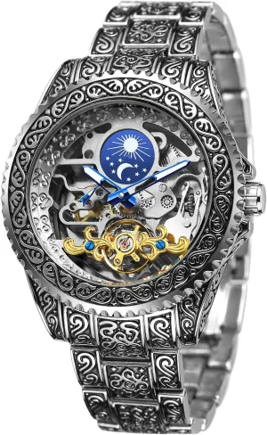 Watch with Carved Automatic Tourbillon, Moon Phase, Independent Seconds, and Big Dial Design - apartment synchronize topography igneous hammer Self-Wind Automatic Wrist Watches Gute Men's Watch Retro Mechanical Skeleton 