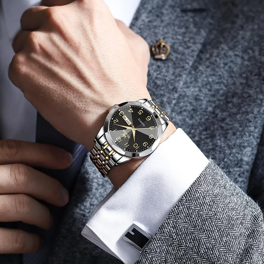 Watch with Day and Date, Classic Waterproof Diamond Roman Arabic Numerals Dial Dress Watch for Men, Gold Silver Black Band Men's Casual Stainless Steel Watch, Big Face viennese chop wield toxic perceptual Easy to Read Analog Quartz 
