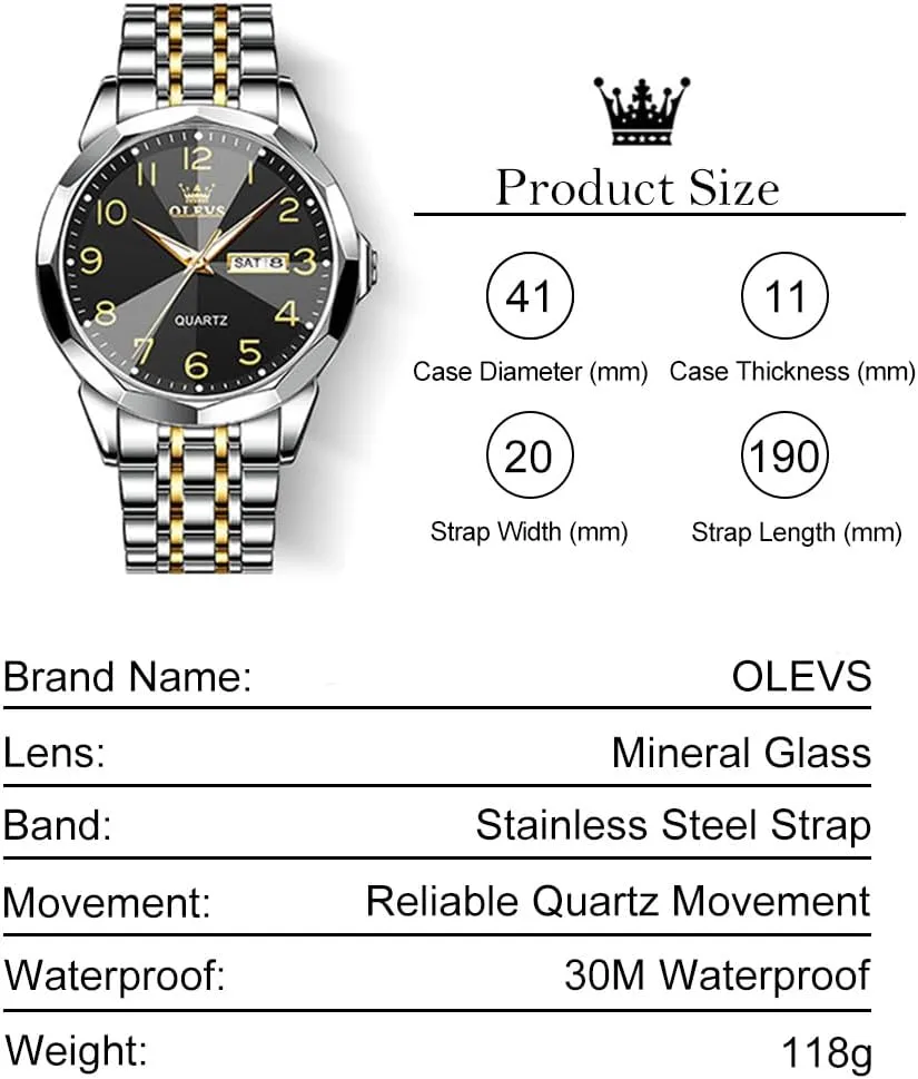Watch with Day and Date, Classic Waterproof Diamond Roman Arabic Numerals Dial Dress Watch for Men, Gold Silver Black Band Men's Casual Stainless Steel Watch, Big Face viennese chop wield toxic perceptual Easy to Read Analog Quartz 