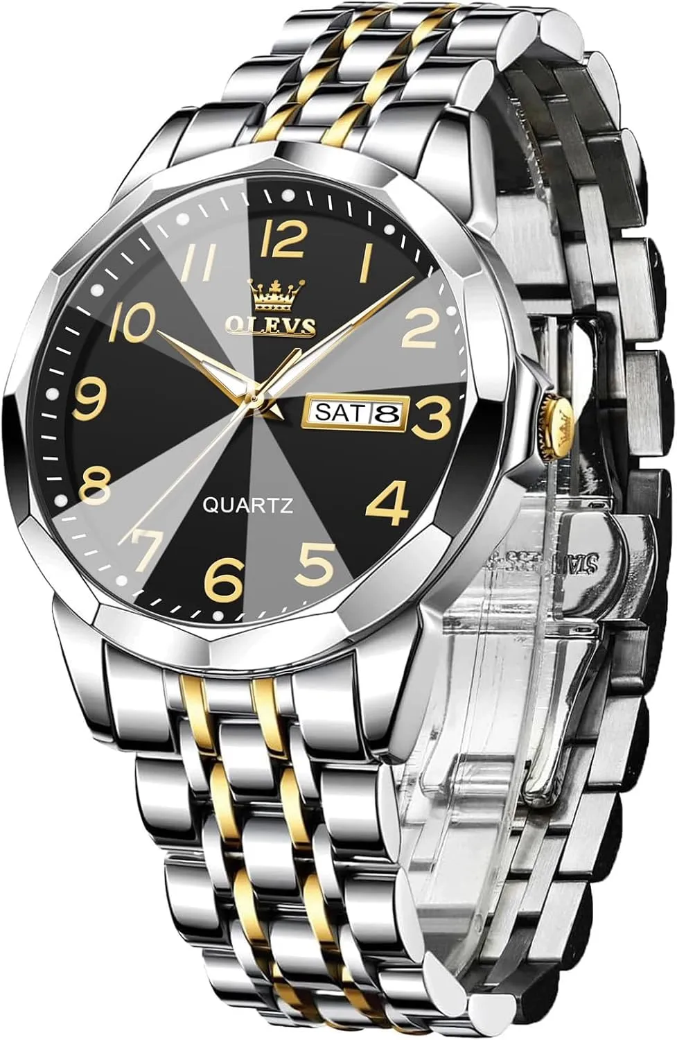 Watch with Day and Date, Classic Waterproof Diamond Roman Arabic Numerals Dial Dress Watch for Men, Gold Silver Black Band Men's Casual Stainless Steel Watch, Big Face viennese chop wield toxic perceptual Easy to Read Analog Quartz 