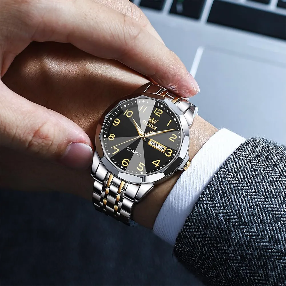 Watch with Day and Date, Classic Waterproof Diamond Roman Arabic Numerals Dial Dress Watch for Men, Gold Silver Black Band Men's Casual Stainless Steel Watch, Big Face viennese chop wield toxic perceptual Easy to Read Analog Quartz 