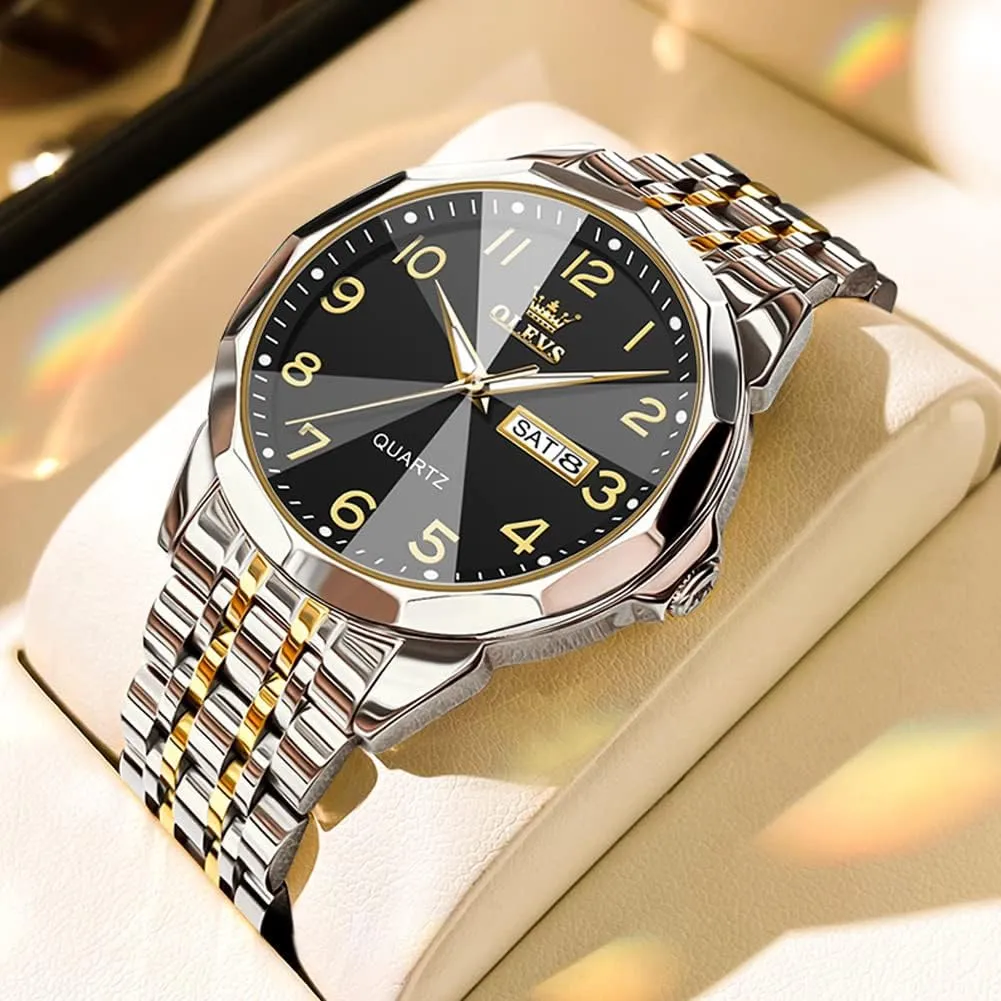 Watch with Day and Date, Classic Waterproof Diamond Roman Arabic Numerals Dial Dress Watch for Men, Gold Silver Black Band Men's Casual Stainless Steel Watch, Big Face viennese chop wield toxic perceptual Easy to Read Analog Quartz 