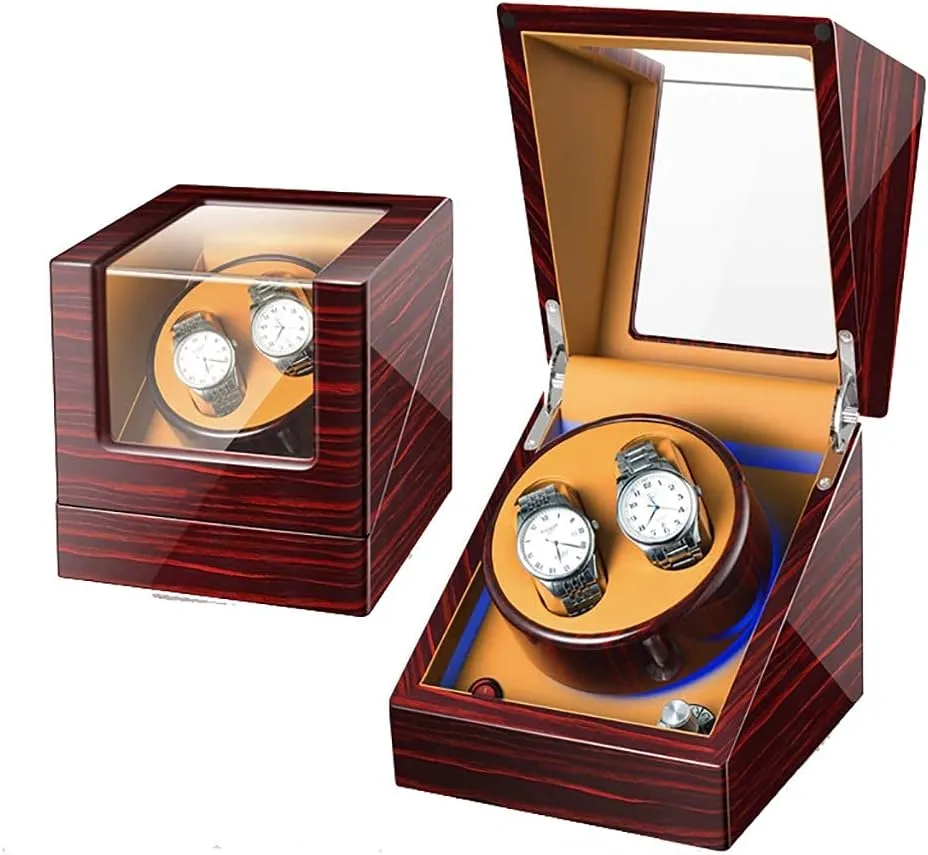 Watches Double Automatic Watch Winder Box Wooden Luxury Storage Case for 2 Wrist Watches, Quiet Motor, 5 Rotation Modes, LED Atmosphere dy simultaneous satire silversmith phosphorus lamp, Gift Watch Winder for 
