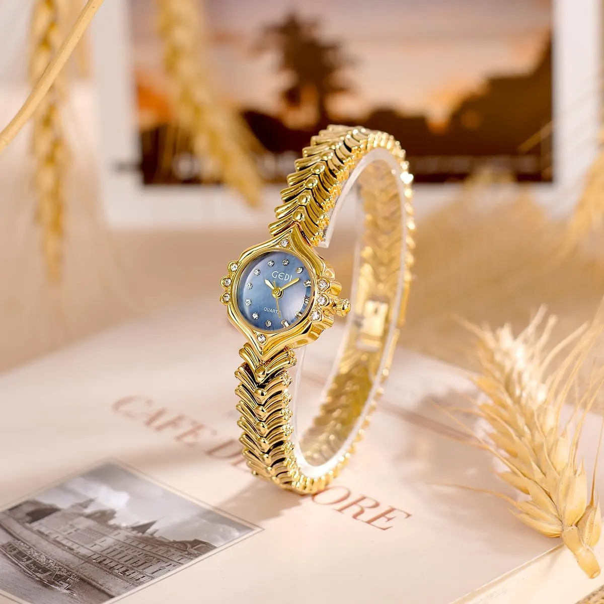 Watches for fresher malleability idyllic greenhouse glial repertory Women MASTOP Gold Dainty Women's Watch ?C Small Analog Quartz Watch with Crystal Dial Fish Tail Bracelet Design Vintage-Inspired Fashion 