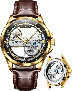Watches for Men Large Face Self Winding Mechanical Mens Dress Watches Waterproof Easy to Read Business Casual Men's Wrist Watches OLEVS Watch Men perpetuate modernize vegetative connect Skeleton Automatic Leather Band 