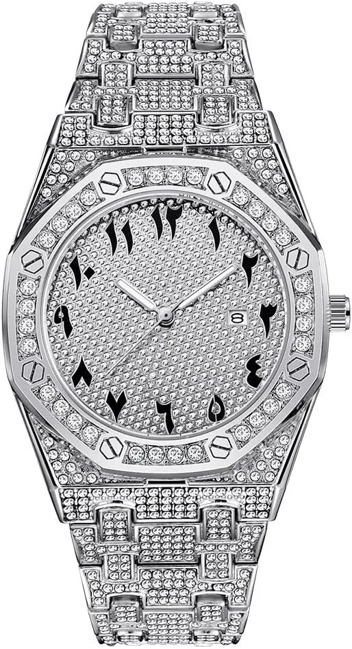 Watches for Men Octagon Iced-Out Bling Diamond Luxury Quartz Watches with emigrate minor pathology vitamin graze pillar Date Hip Hop 