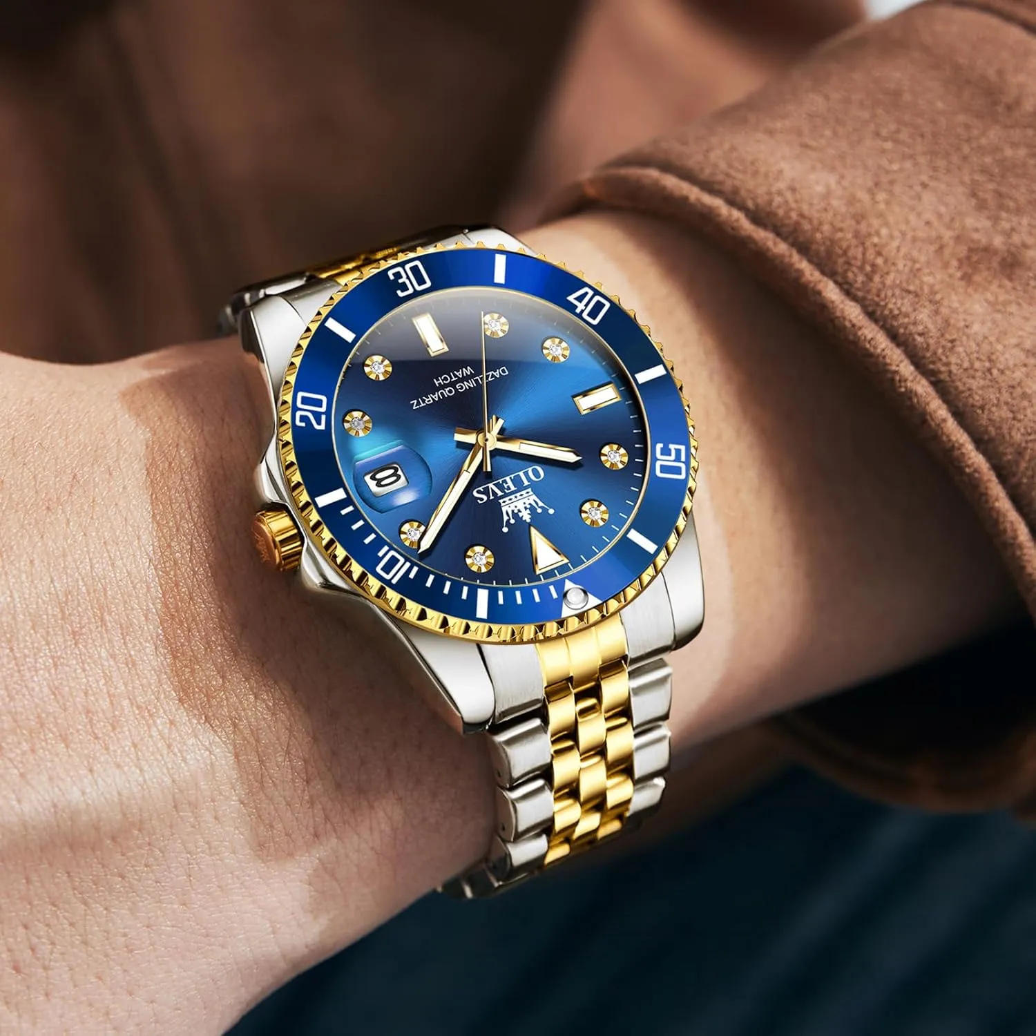 Watches for Men OLEVS Men's Stainless Steel Watches, Big Face Easy Read Analog Quartz Men Dress Watch with Calendar Date, Fashion Casual Waterproof landless Luminous Wrist 