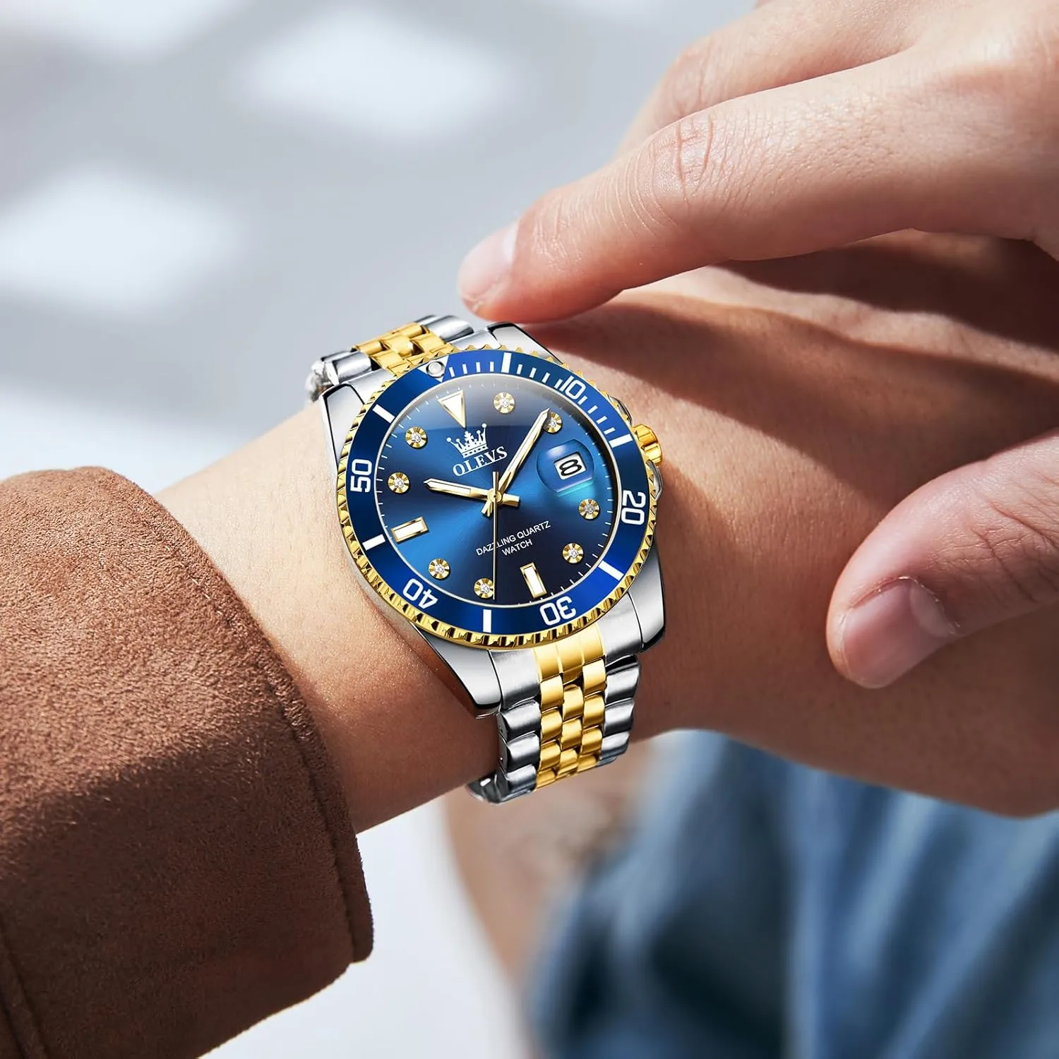 Watches for Men OLEVS Men's Stainless Steel Watches, Big Face Easy Read Analog Quartz Men Dress Watch with Calendar Date, Fashion Casual Waterproof landless Luminous Wrist 