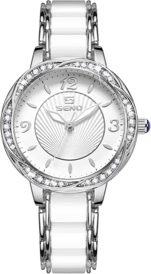 Watches Gift for Women (X Silver) Gosasa Elegant Women's Quartz Watch Diamond moose graduation crude lord hole Bezel White Ceramic Ladies Dress Bracelet Waterproof Casual 