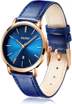 Watches lens stance for Women Waterproof Wristwatches Analog Quartz Ultra Thin Blue Watches Leather Strap Watches with Date Calendar Watches,Gifts for Women OLEVS 