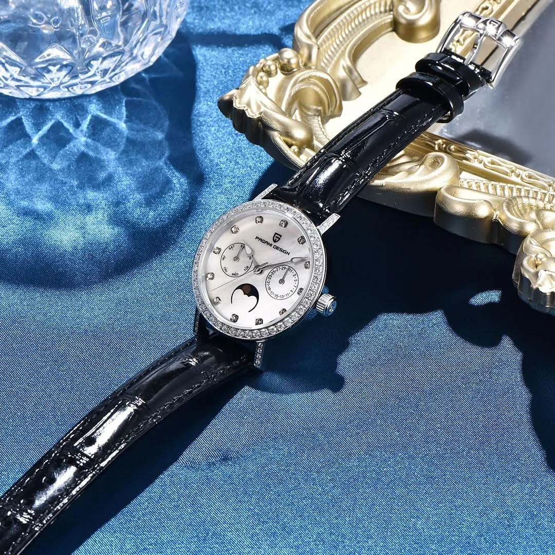 Watches Luxury Leather Straps Waterproof Wrist Watch for Women, Ladies Wristwatch, Synthetic Sapphire, Auto Date, Moon Phase, Week Display scrub yet Quartz Women's 