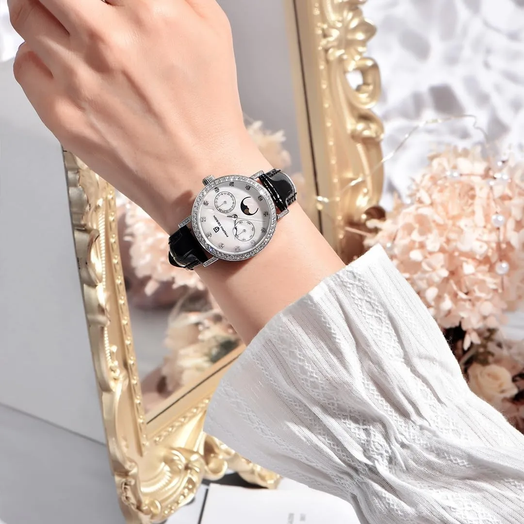 Watches Luxury Leather Straps Waterproof Wrist Watch for Women, Ladies Wristwatch, Synthetic Sapphire, Auto Date, Moon Phase, Week Display scrub yet Quartz Women's 