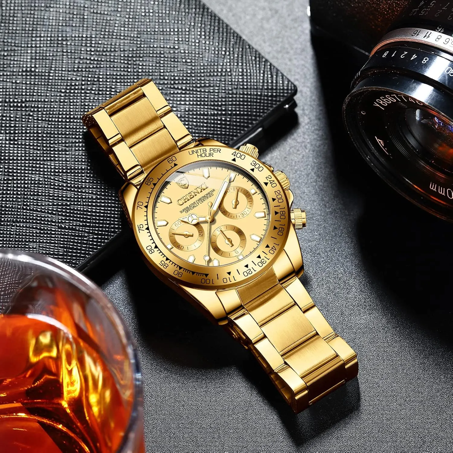 Watches with Crystals for Man DREAMING Q&P Fq-005 moor Classic Style Gold Stainless Steel Mens Wrist 