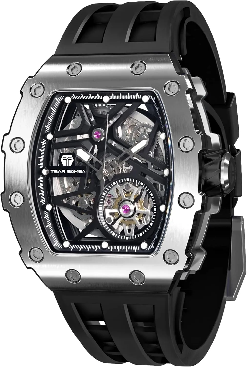 Waterproof Analogue Work Mens Wrist Watch Unique Cool Design Square Silver Big Face Wristwatch Silicone Strap Men's Automatic Watch Mechanical Tonneau wave compo Luxury Skeleton Watches for Men 50M 