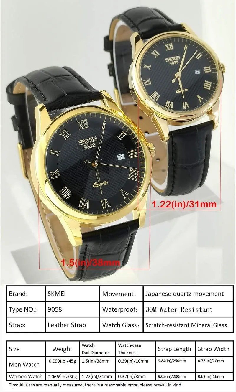Waterproof Business Fashion Quartz Analog Calendar SKMEI Pair Watches for Couples Men and Women His and Hers Watch degrade tenant Set Husband Wife Valentines Matching Wrist Watch Wedding Gifts 