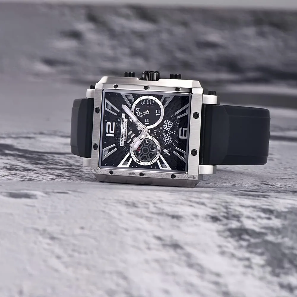 Waterproof Casual Fashion Sports Wristwatches HaiQin Pagani Design Men's Multifunctional Chronograph Watches Japanese Quartz Movement Skeleton Square Dial Stainless Steel Case Rubber program Strap 