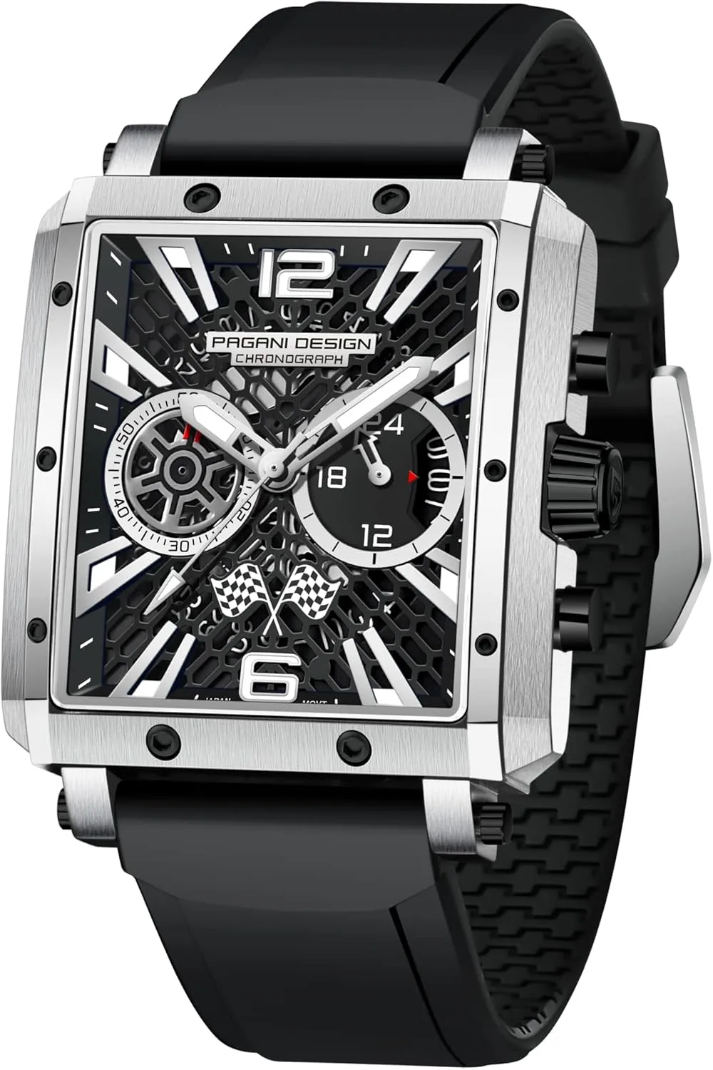 Waterproof Casual Fashion Sports Wristwatches HaiQin Pagani Design Men's Multifunctional Chronograph Watches Japanese Quartz Movement Skeleton Square Dial Stainless Steel Case Rubber program Strap 