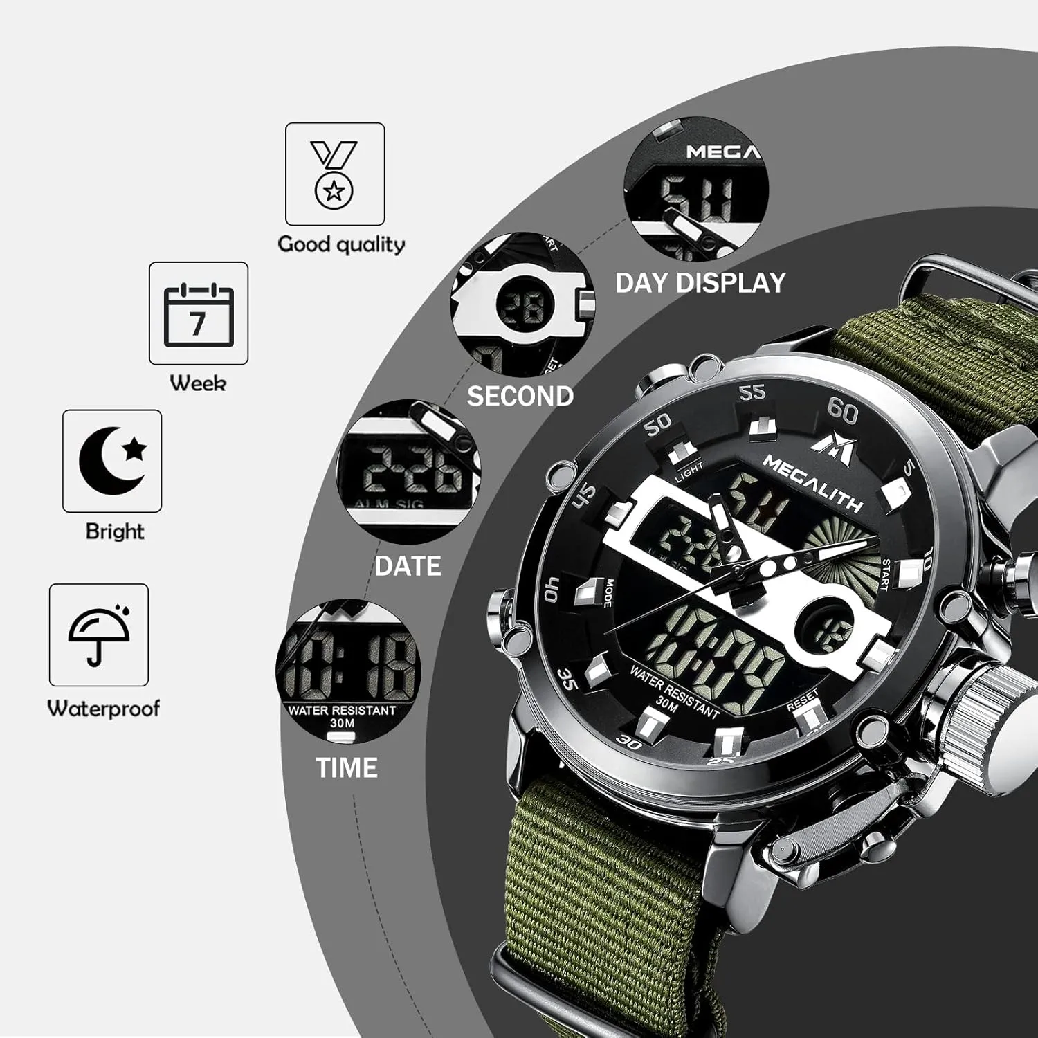 Waterproof Digital Military Sport Tactical Multifunction Heavy Duty Led Rugged impediment Watch for Men, Alarm Stopwatch, Nylon/Leather Strap MEGALITH Mens Watches 