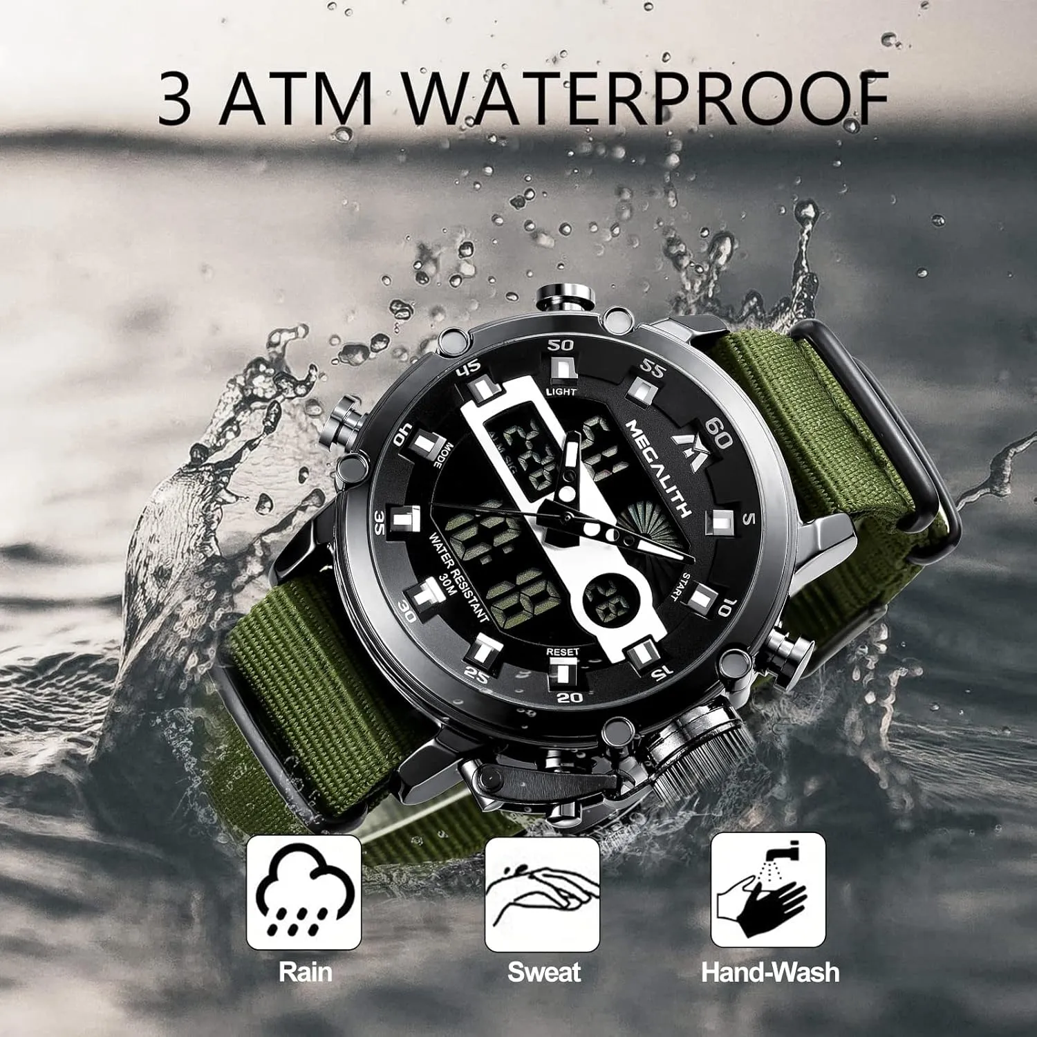 Waterproof Digital Military Sport Tactical Multifunction Heavy Duty Led Rugged impediment Watch for Men, Alarm Stopwatch, Nylon/Leather Strap MEGALITH Mens Watches 