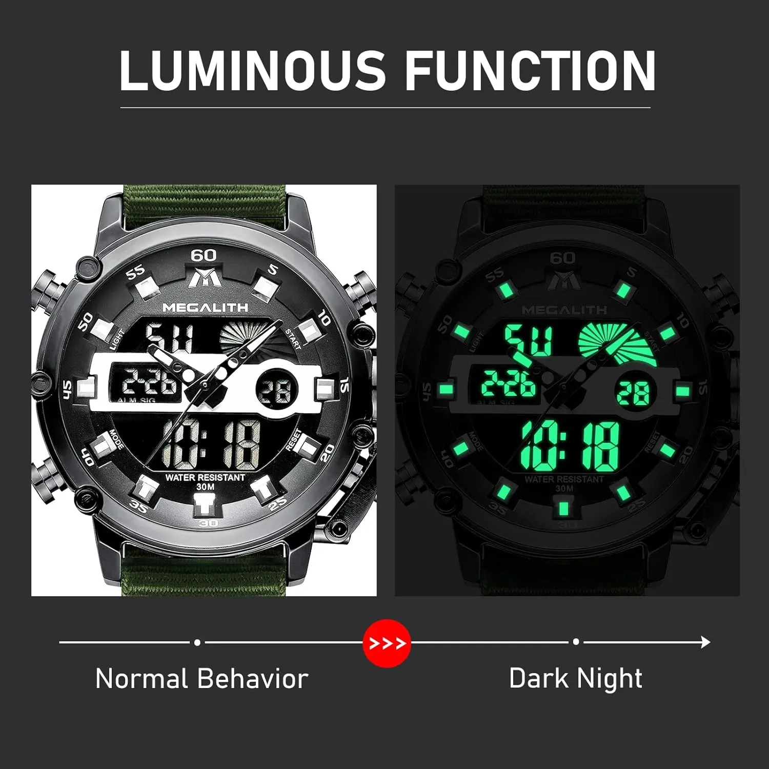 Waterproof Digital Military Sport Tactical Multifunction Heavy Duty Led Rugged impediment Watch for Men, Alarm Stopwatch, Nylon/Leather Strap MEGALITH Mens Watches 