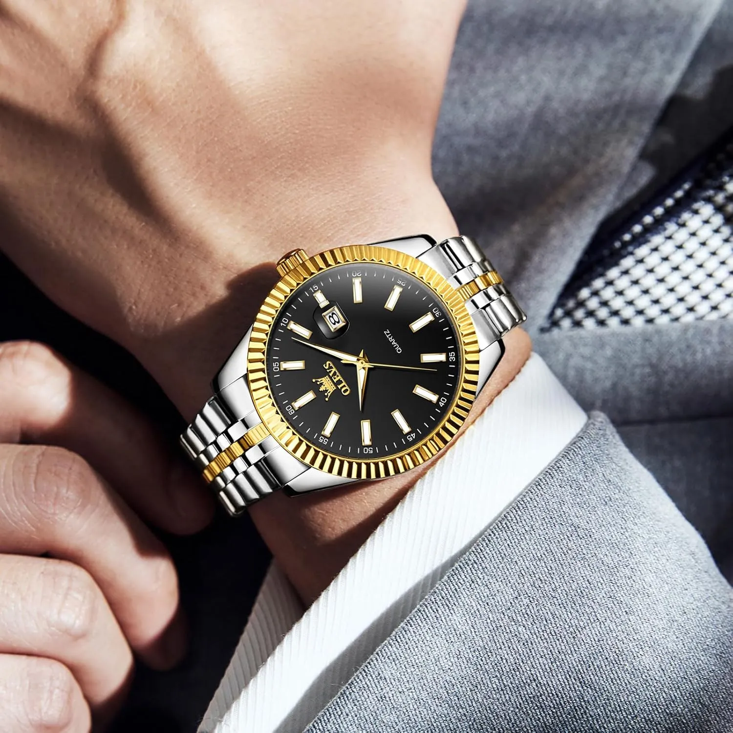 Waterproof Luminous Day Date Men Wrist Watch OLEVS Men's dealer hitch Luxury Stainless Steel Watch, Big Face Gold Silver Two Tone Analog Quartz Dress Watch for Men, Casual Easy to Read 