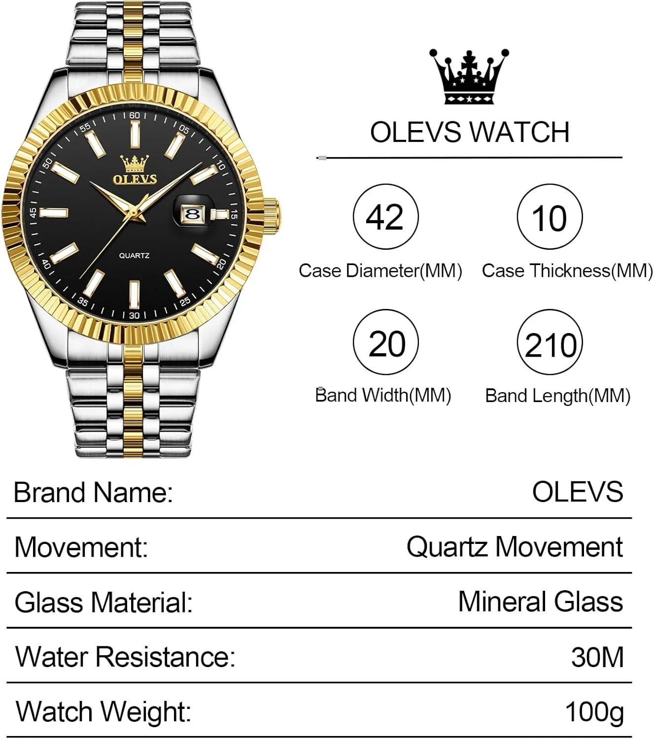 Waterproof Luminous Day Date Men Wrist Watch OLEVS Men's dealer hitch Luxury Stainless Steel Watch, Big Face Gold Silver Two Tone Analog Quartz Dress Watch for Men, Casual Easy to Read 
